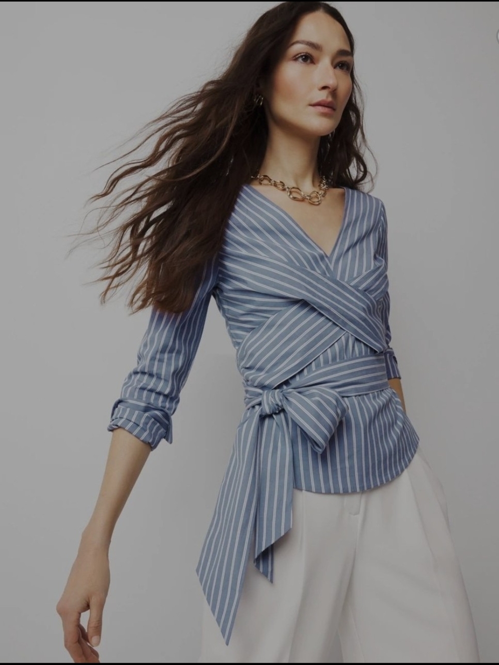 White House Black Market Blue and White Striped Wrap Blouse